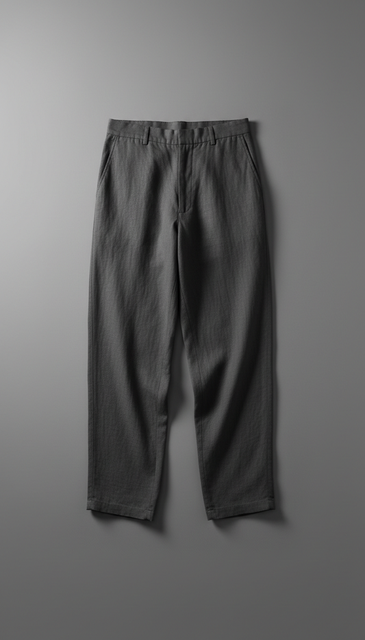 Graphite shadow loose-fit linen pants, Default: 3/4 angle on body form or model, garments arranged to highlight layering...