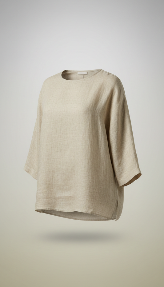 Beige Linen Blouse, Products should be shot at a 3/4 angle to capture the texture and flow of the fabric. Backgrounds...