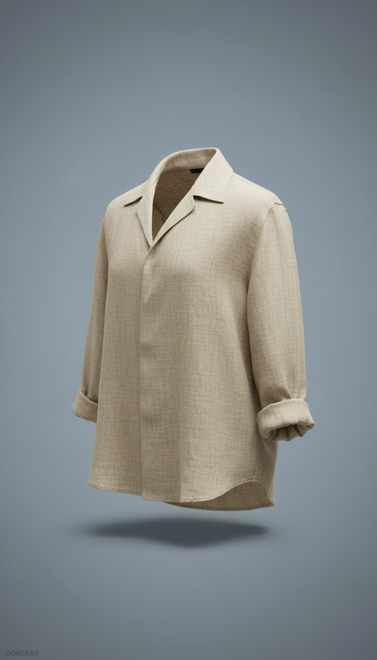 Beige Linen luxury shirt, Opt for a three-quarter angle to showcase the fit and cut of the garments, perfectly centered...